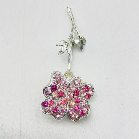CORO Pink Rhinestone Flower Pin Blooming Silver Tone Nature Garden Trees Floral - Picture 3 of 6